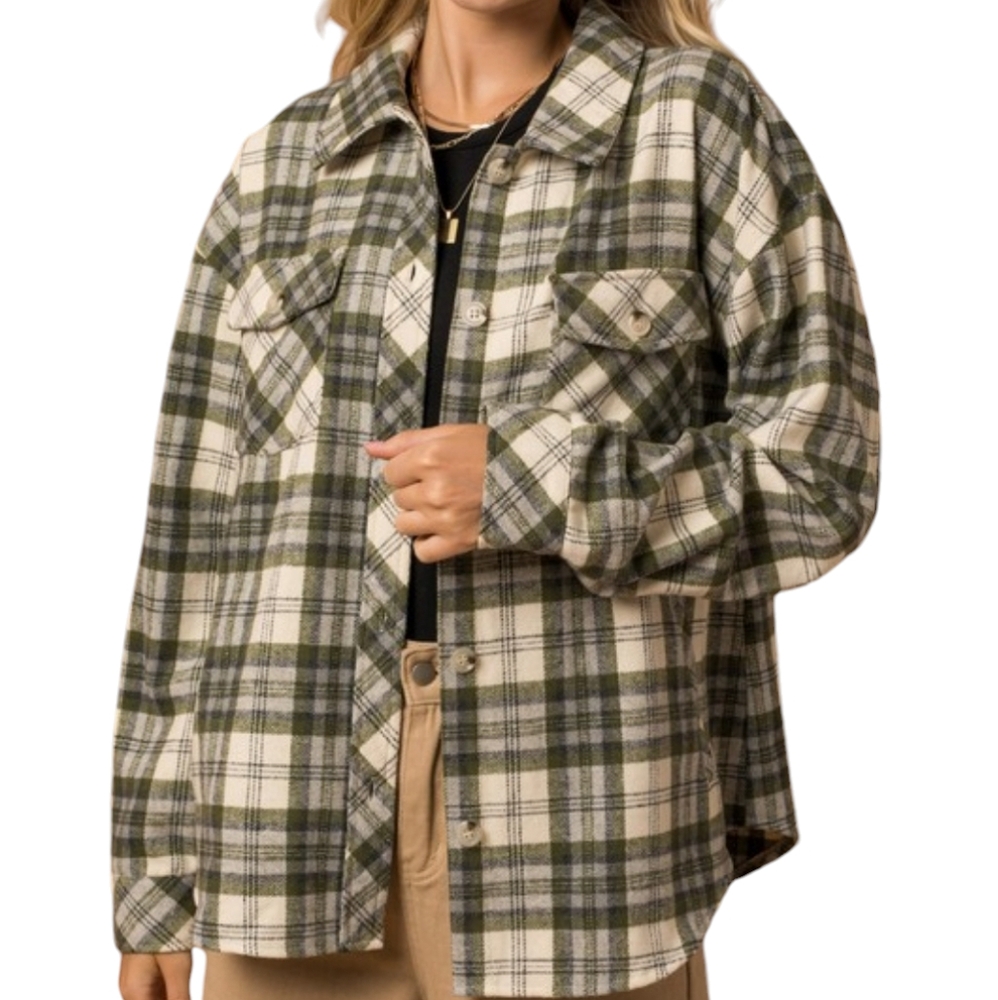 Cotton Bleu Women's Button-Down Shacket - Ivory/Olive Combo Plaid